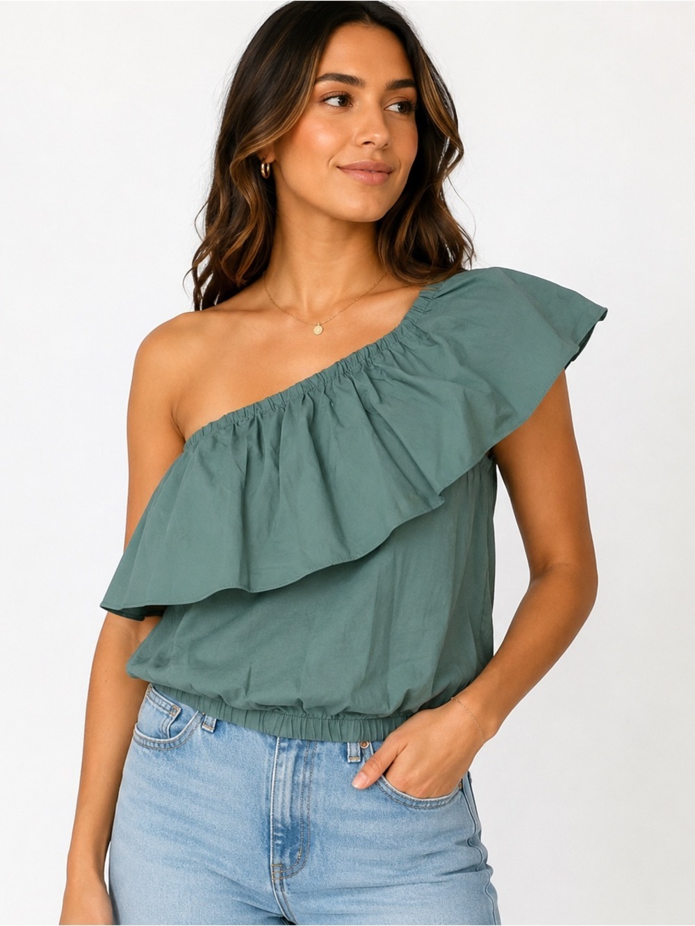 a new day One-Shoulder Ruffle Top in Sage Green